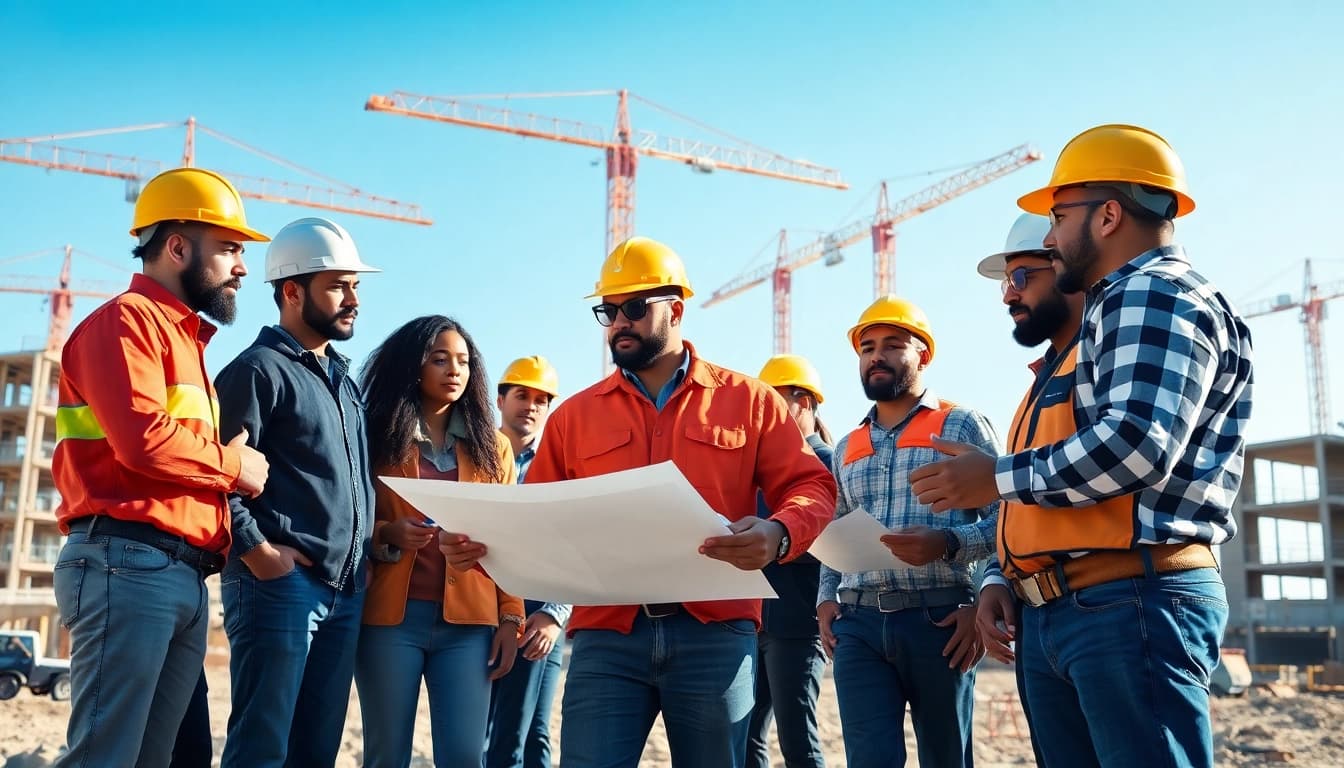 Southern California Contractors Association professionals discussing plans on a vibrant construction site.