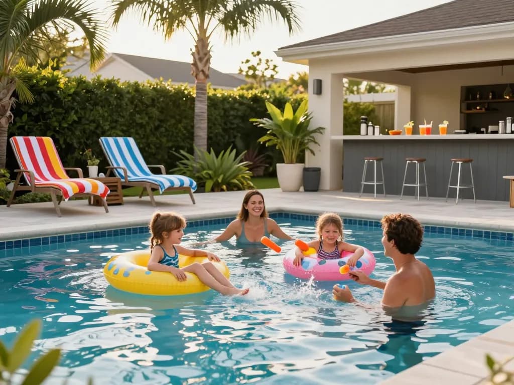 Dolphin Pool Services showcasing happy family enjoying a beautifully maintained pool during sunny day.