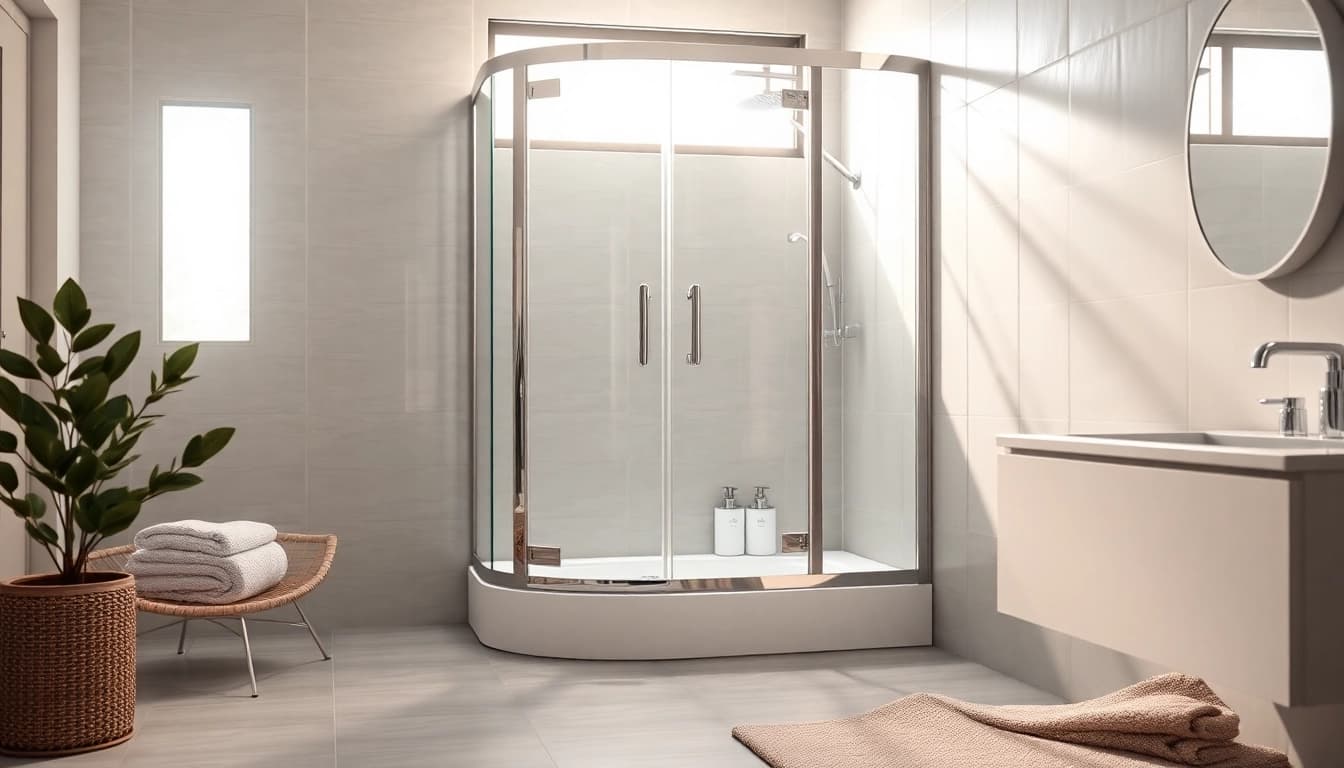 Entdecken Sie die stilvolle sonni Duschkabine aus Klarglas mit eleganten Details im modernen Badezimmer.