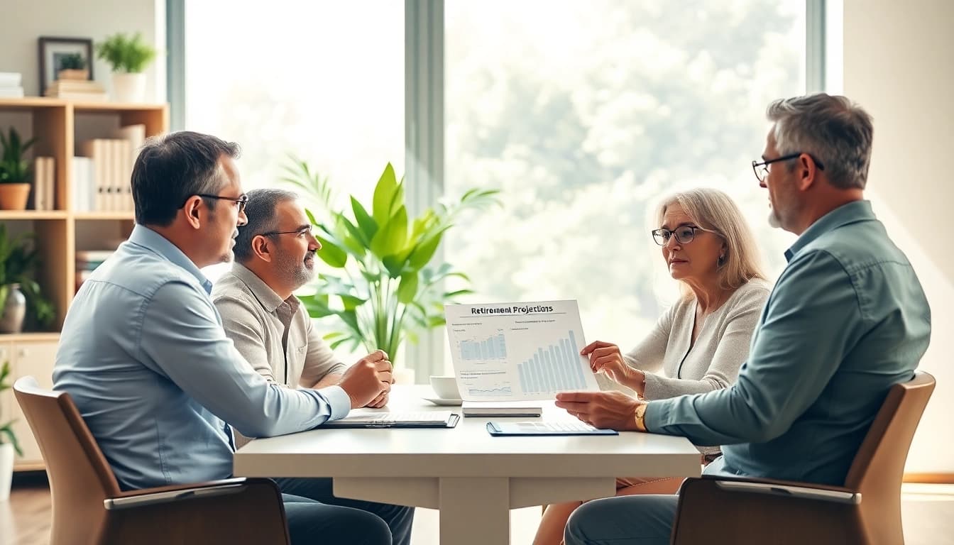 Engaging financial planner discussing retirement planning San Antonio with attentive clients in a modern office.