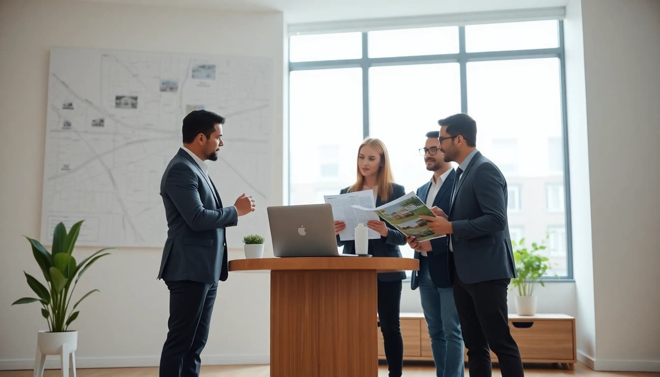 Real Estate agent guiding clients in a professional office environment with a welcoming atmosphere.