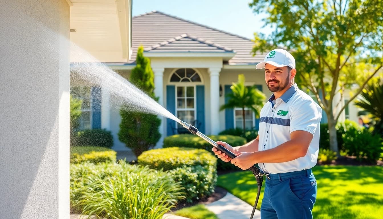 Soft wash cleaning in Kissimmee, FL by a professional technician, emphasizing eco-friendly home restoration.