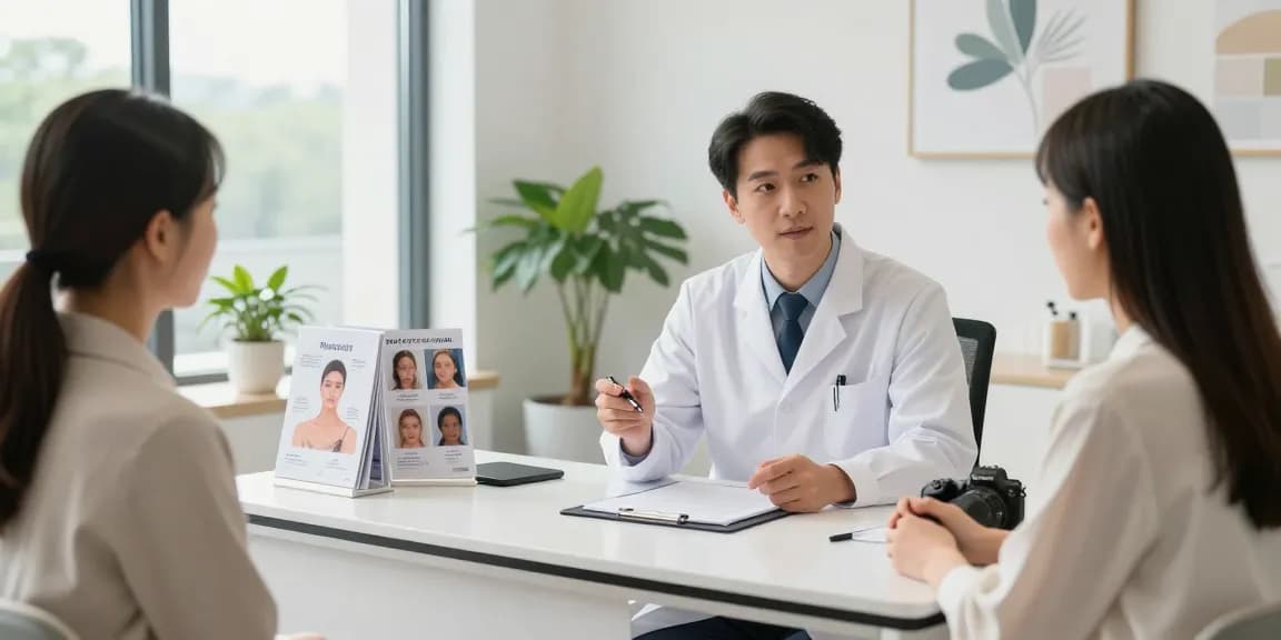 Plastic surgeon SEO expert consultation scene with surgeon discussing aesthetic options with patient, bright clinic atmosphere.