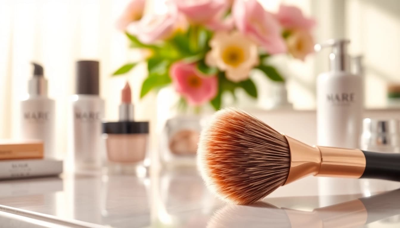 Applying makeup using a dense makeup brush with soft bristles on a chic vanity.