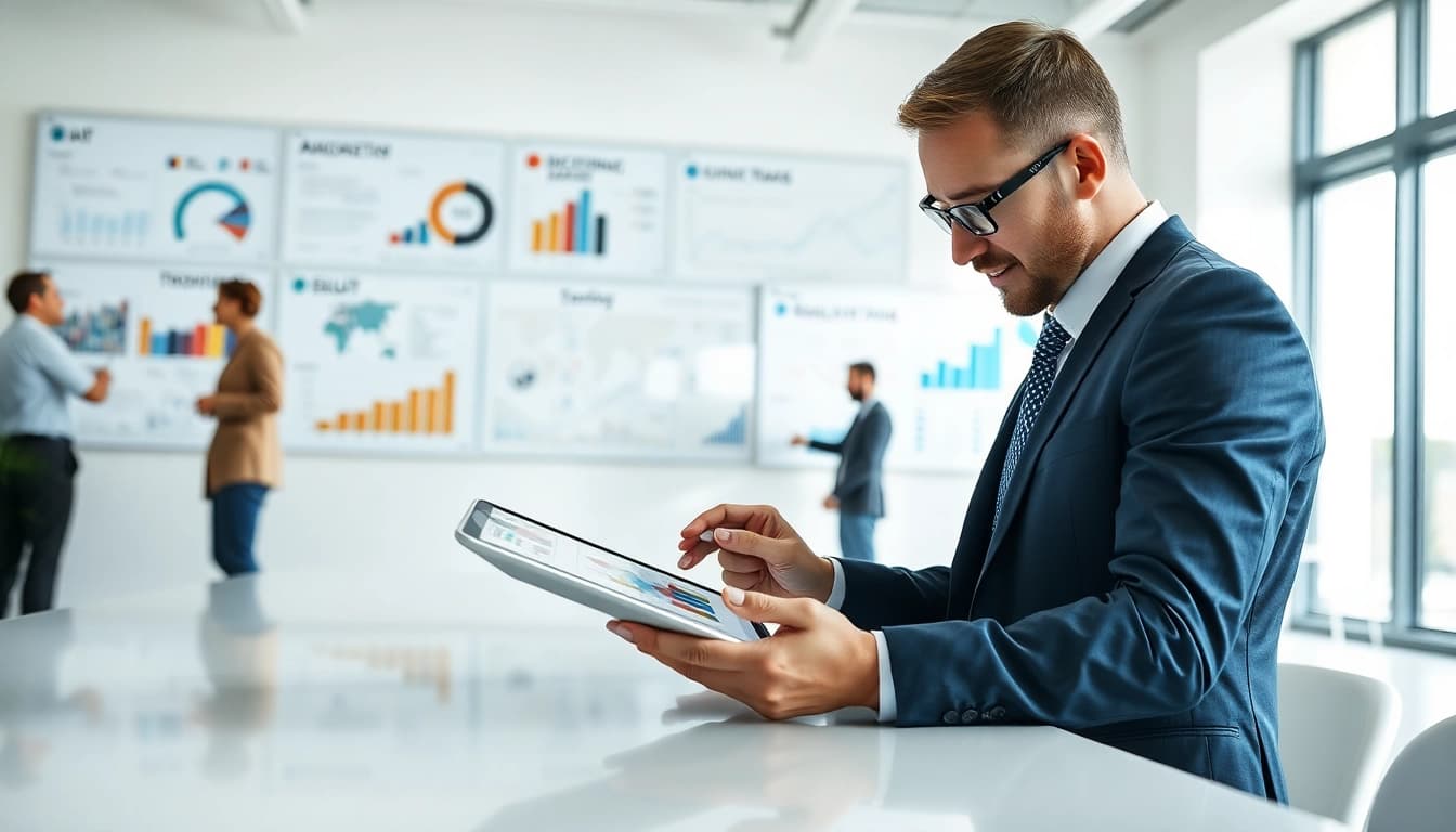 Analyze competitive intelligence data with digital tools in a bright office setting.