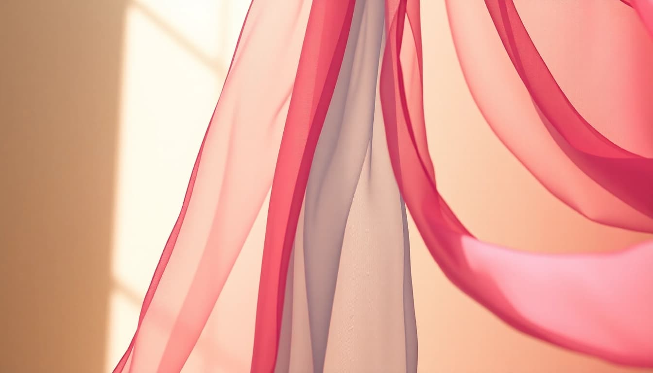 Chiffon stof die elegant hangt en de delicate textuur en levendige kleuren toont.