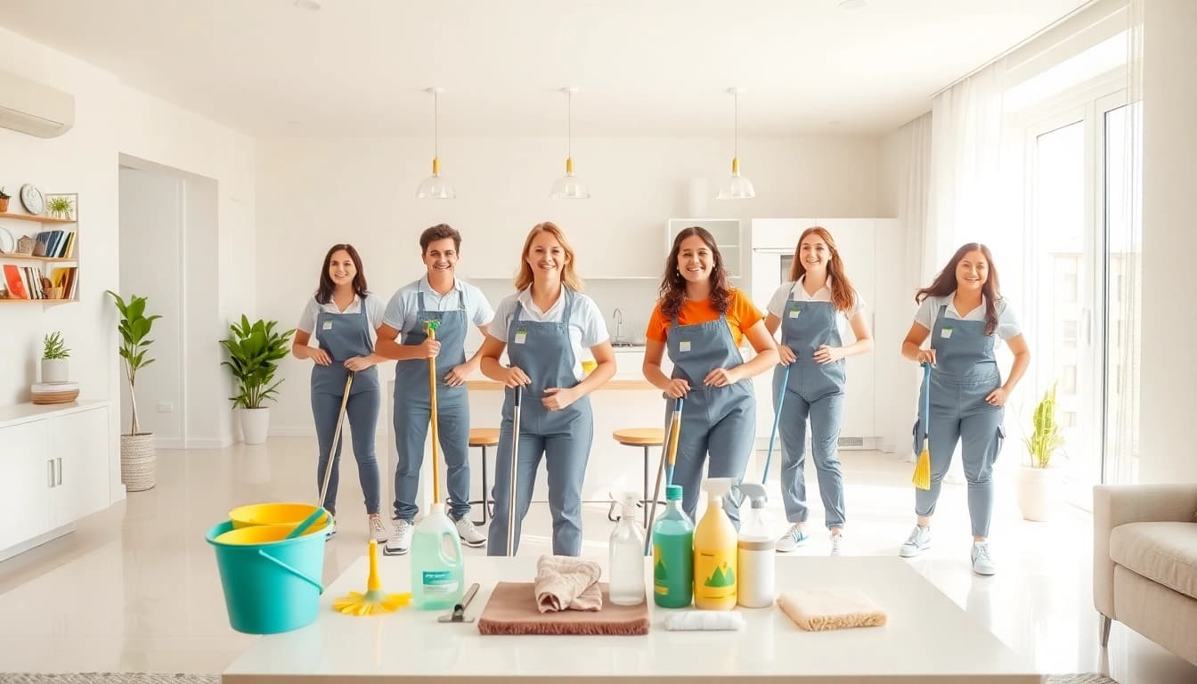 Cleaning Service team working diligently in a bright, clean home demonstrating professionalism and teamwork.