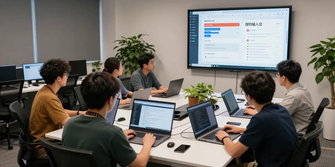 开发者在现代科技工作空间中合作开发搜狗输入法功能。