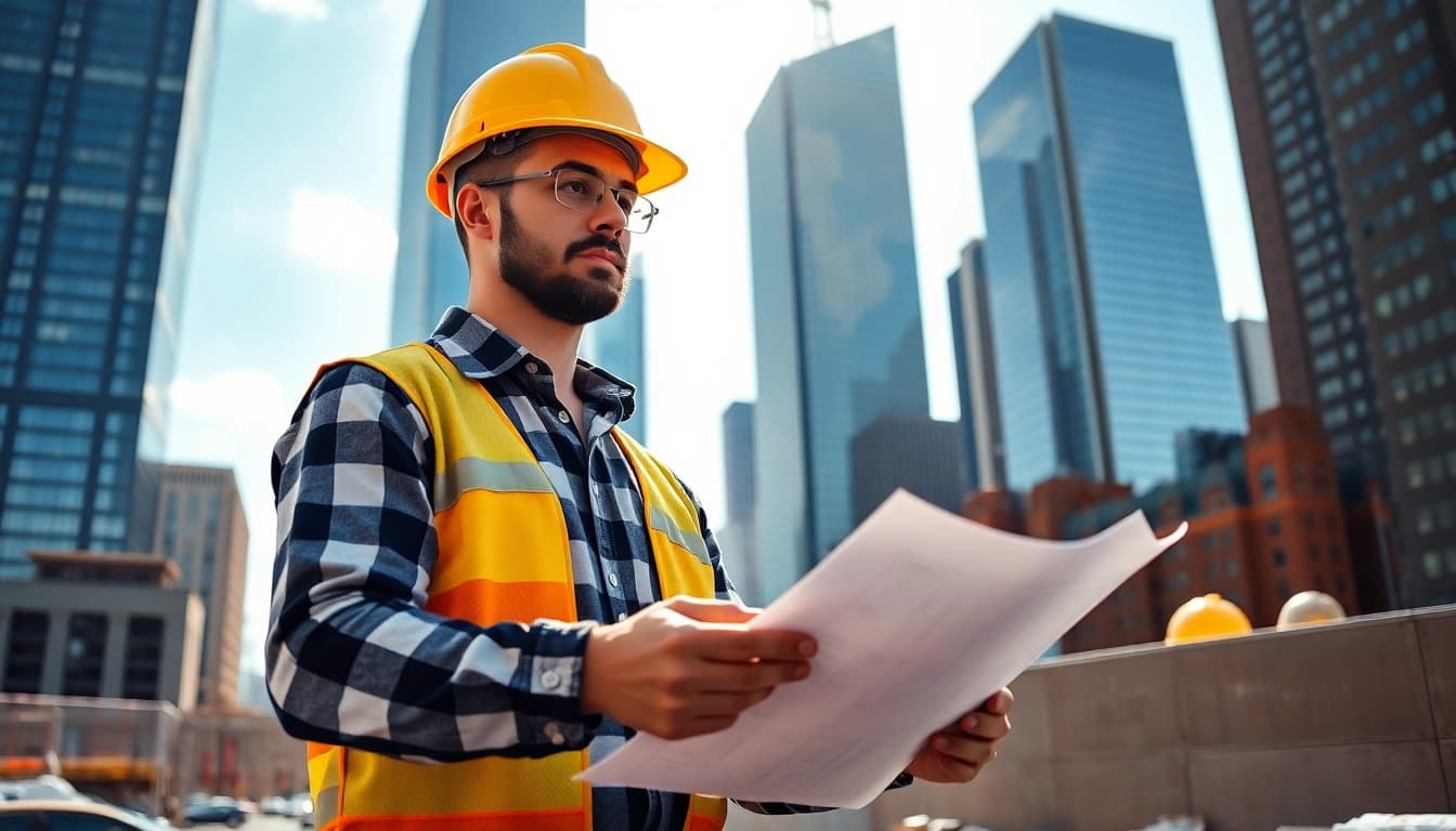 New York City General Contractor reviewing plans at a vibrant Manhattan construction site.