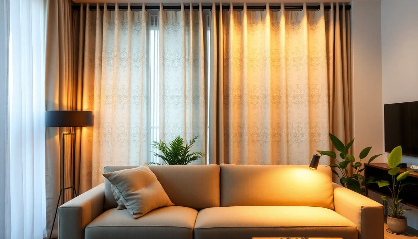 Verduisterende gordijnen die een stijlvolle look geven aan een woonkamer met warme kleuren.