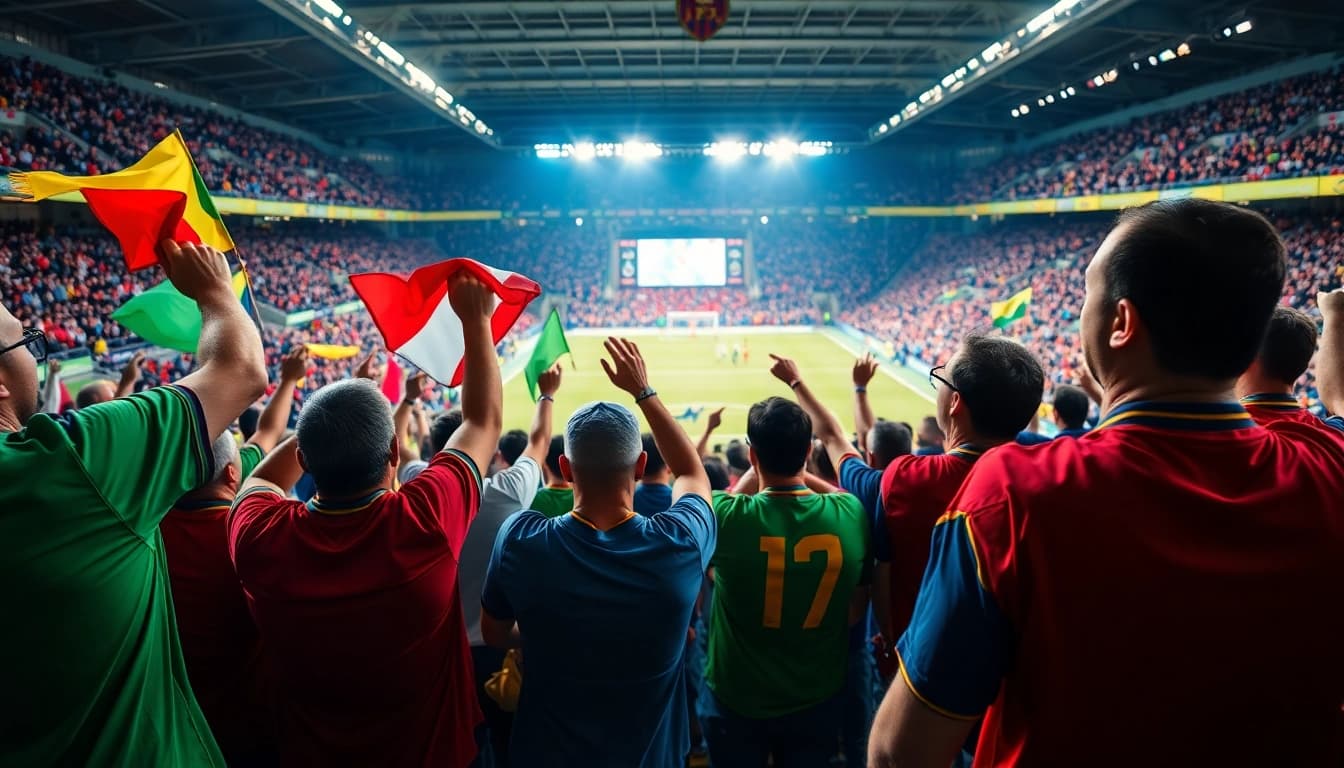 Fans celebrating in discount football shirts at an exciting soccer match.