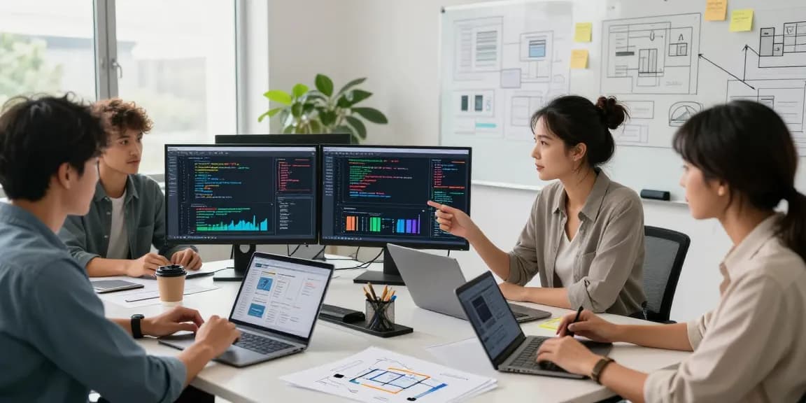 Custom CRM Development Services team collaborating in a modern office space, showcasing innovative design and teamwork.