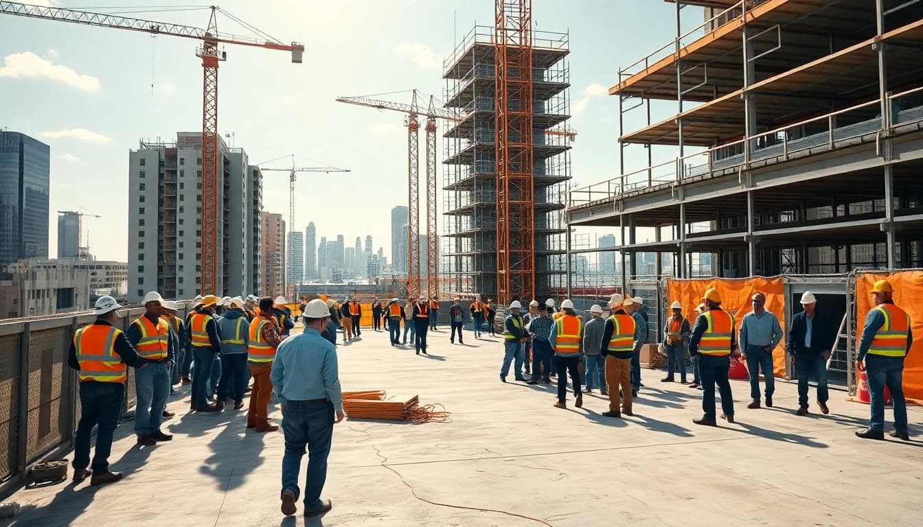 Austin construction team collaborating on a busy site, highlighting teamwork and urban development.