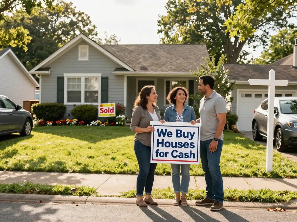 We buy houses for cash sign in front of a charming home with a friendly agent and satisfied homeowner in a sunny neighborhood.