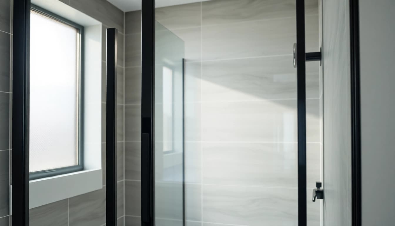 Showcase of a modern shower door black frame in an elegant bathroom setting.