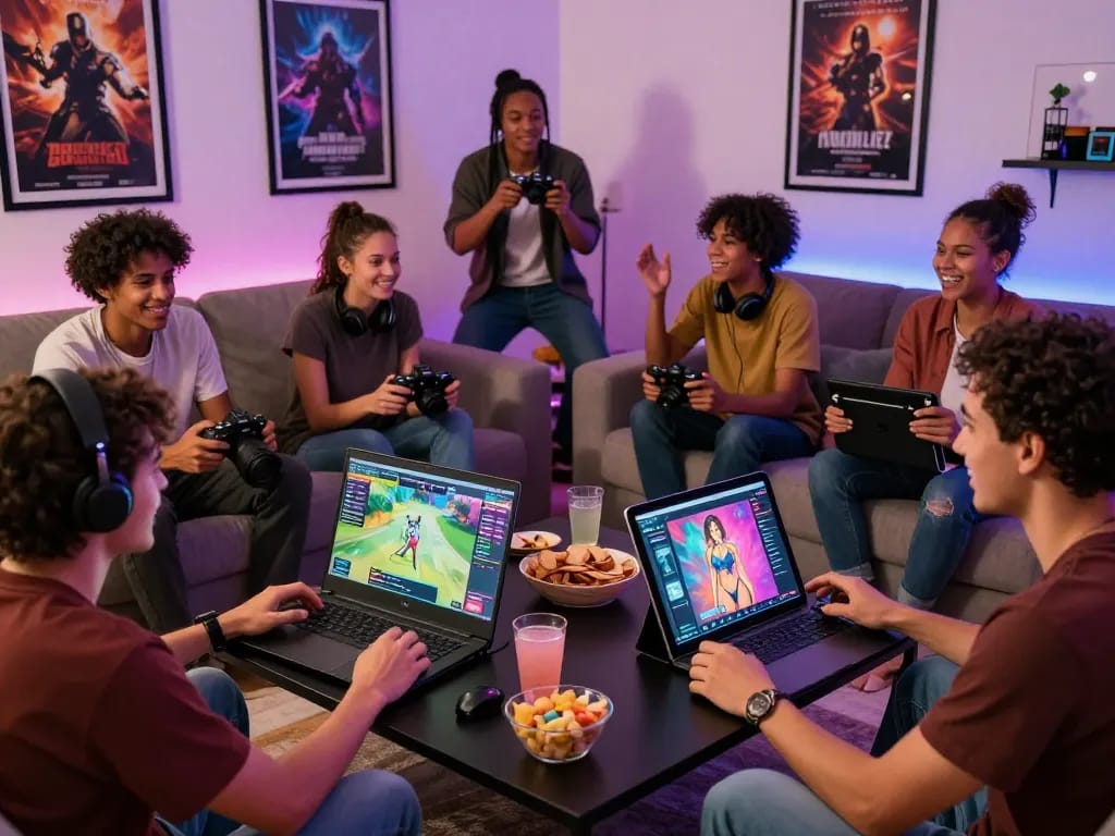 Friends enjoying porn games HTML together in a lively living room, showcasing fun and engagement.