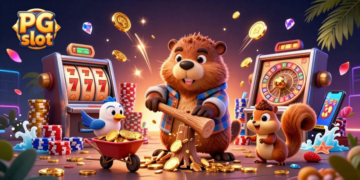 Experience the thrill of PG slots with a beaver in action as golden coins rain down!