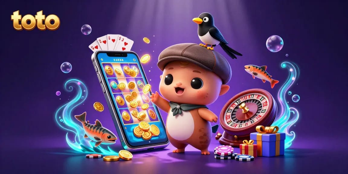 Experience thrilling toto gameplay with cartoon Nessie and vibrant casino elements in a playful scene.