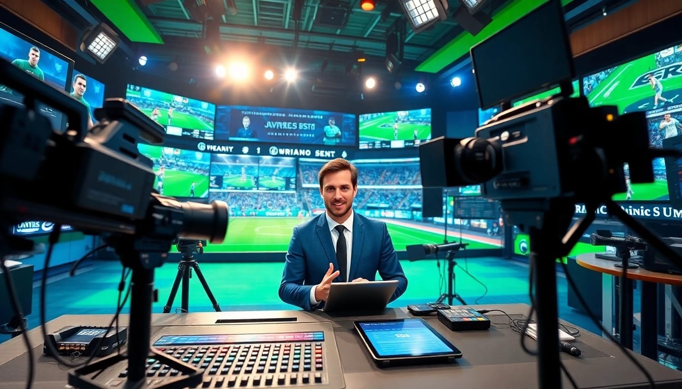 Engaging presenter in sports broadcasting studio showcasing advanced equipment and vibrant graphics.