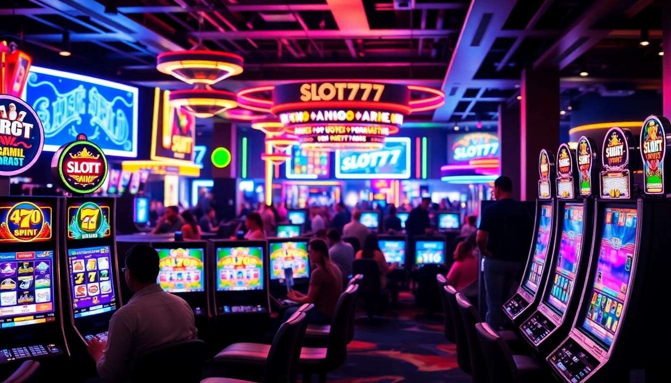 Taruhan di slot777 dengan mesin slot dan suasana kasino yang meriah.