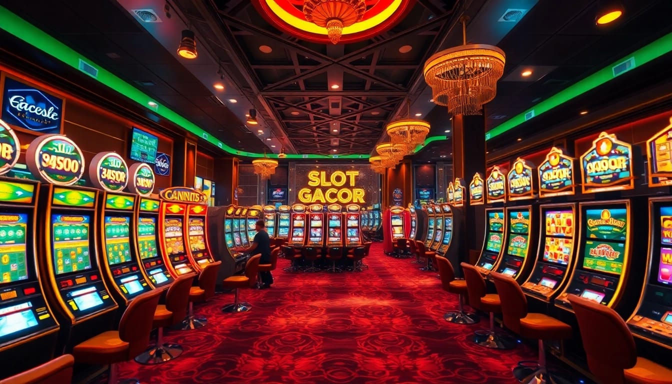 Engaging scene of players enjoying slot gacor machines in a luxurious casino atmosphere.