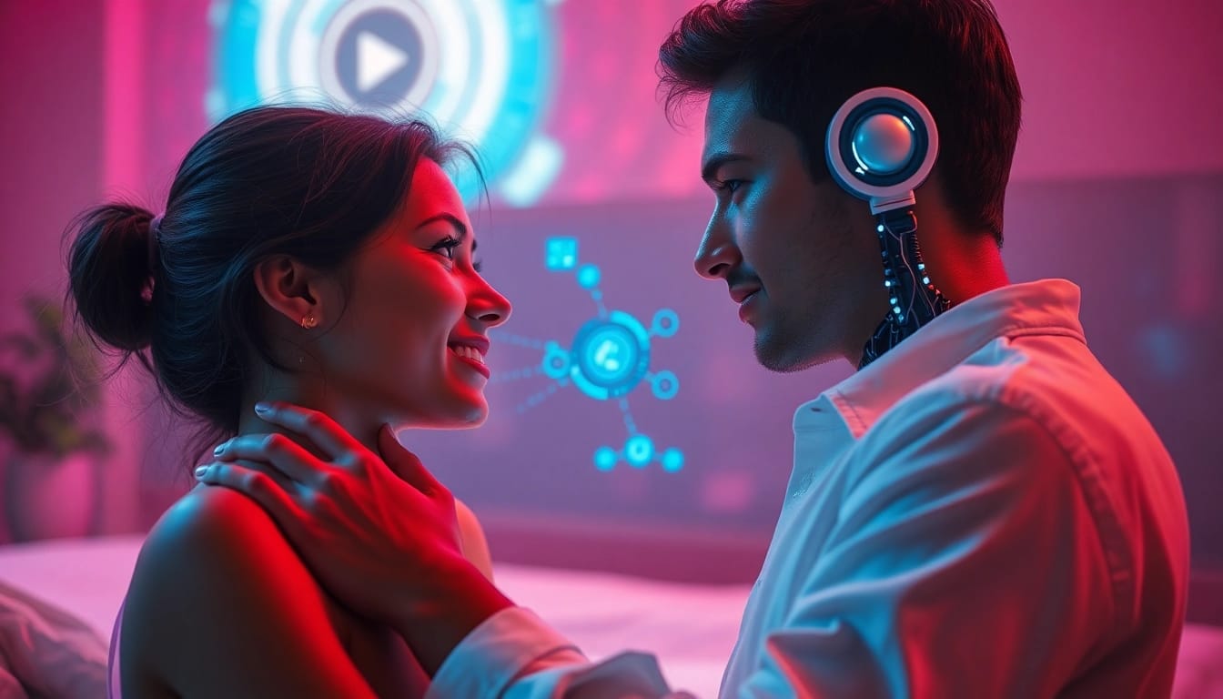 Intimate moment between humans and AI companion, exploring ai sex.