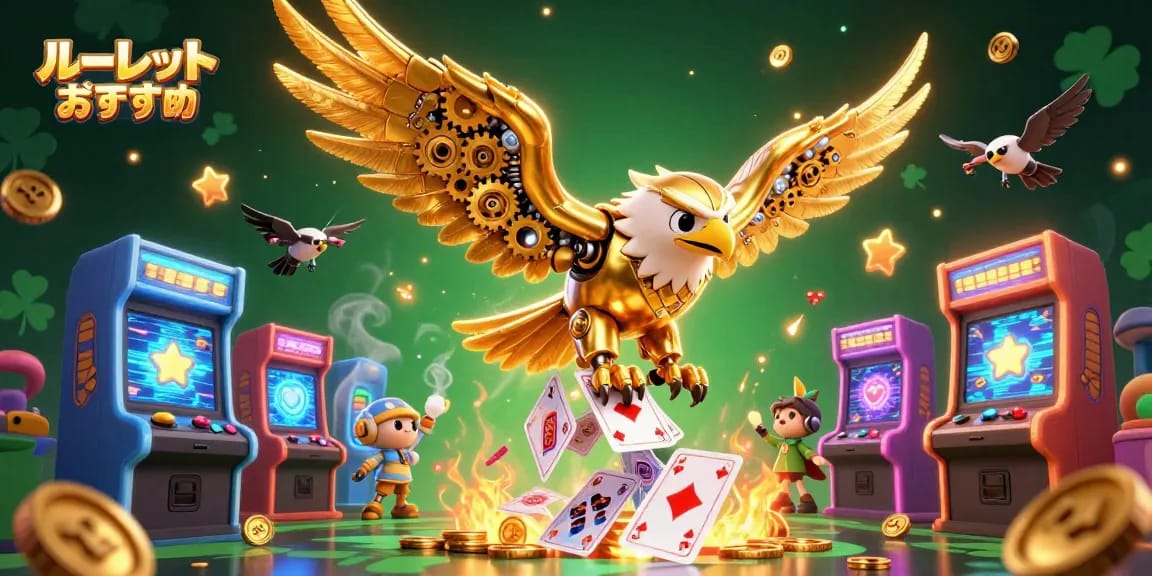 ルーレット おすすめ のシーンで、サイバネティックな金の鷲が遊びカードの滝を飛び抜けている様子