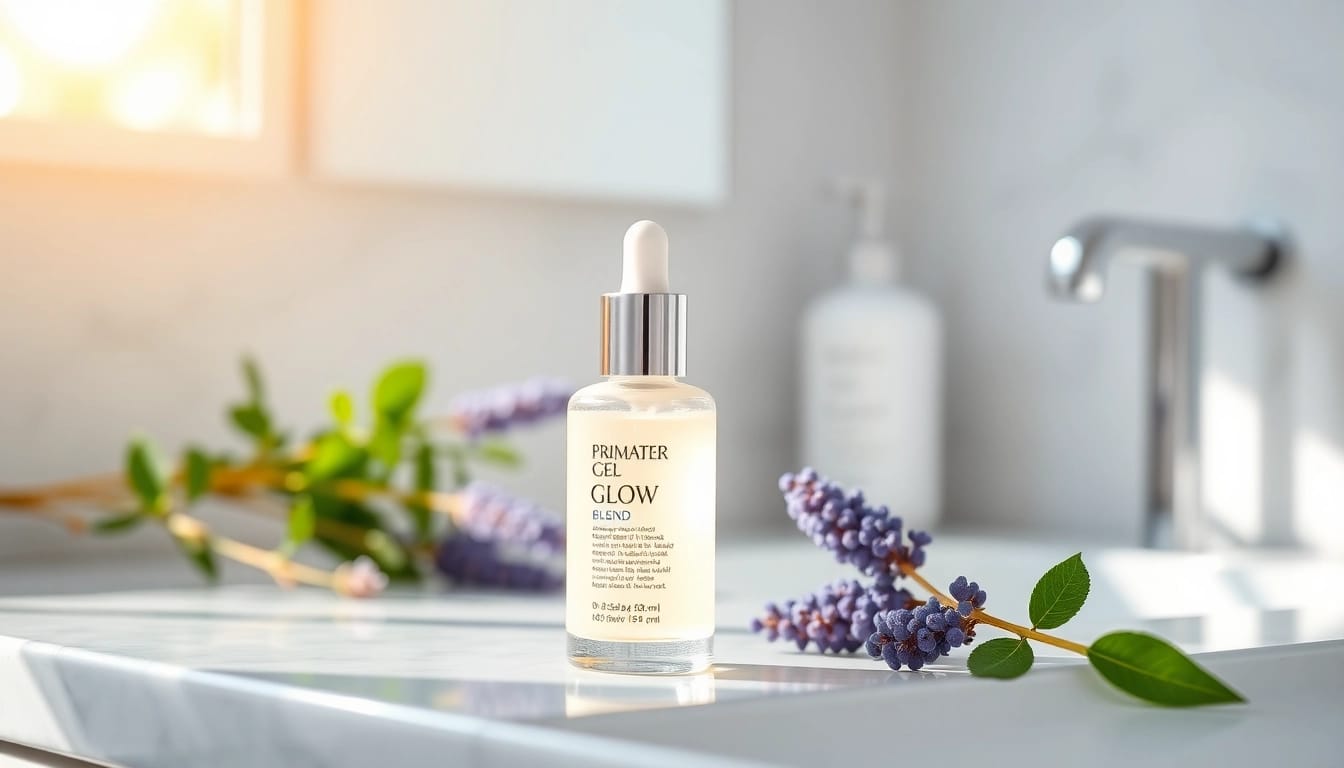 Showcase the Glow Blend serum bottle in a serene bathroom display with botanical elements.