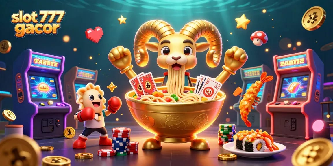 Engage with slot 777 gacor gameplay featuring a cartoon ramen bowl dealing cards in an animated arcade scene.