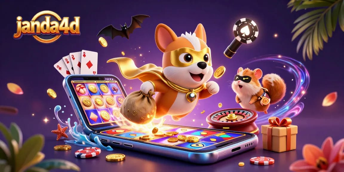 Gali koin emas di JANDA4D dengan permainan slot berwarna cerah dan karakter unik.