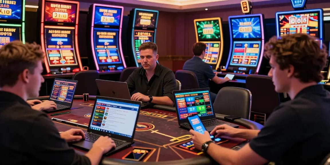 Engaged players exploring new casinos with credit card deposits in a vibrant online gaming environment, highlighting excitement and choice.