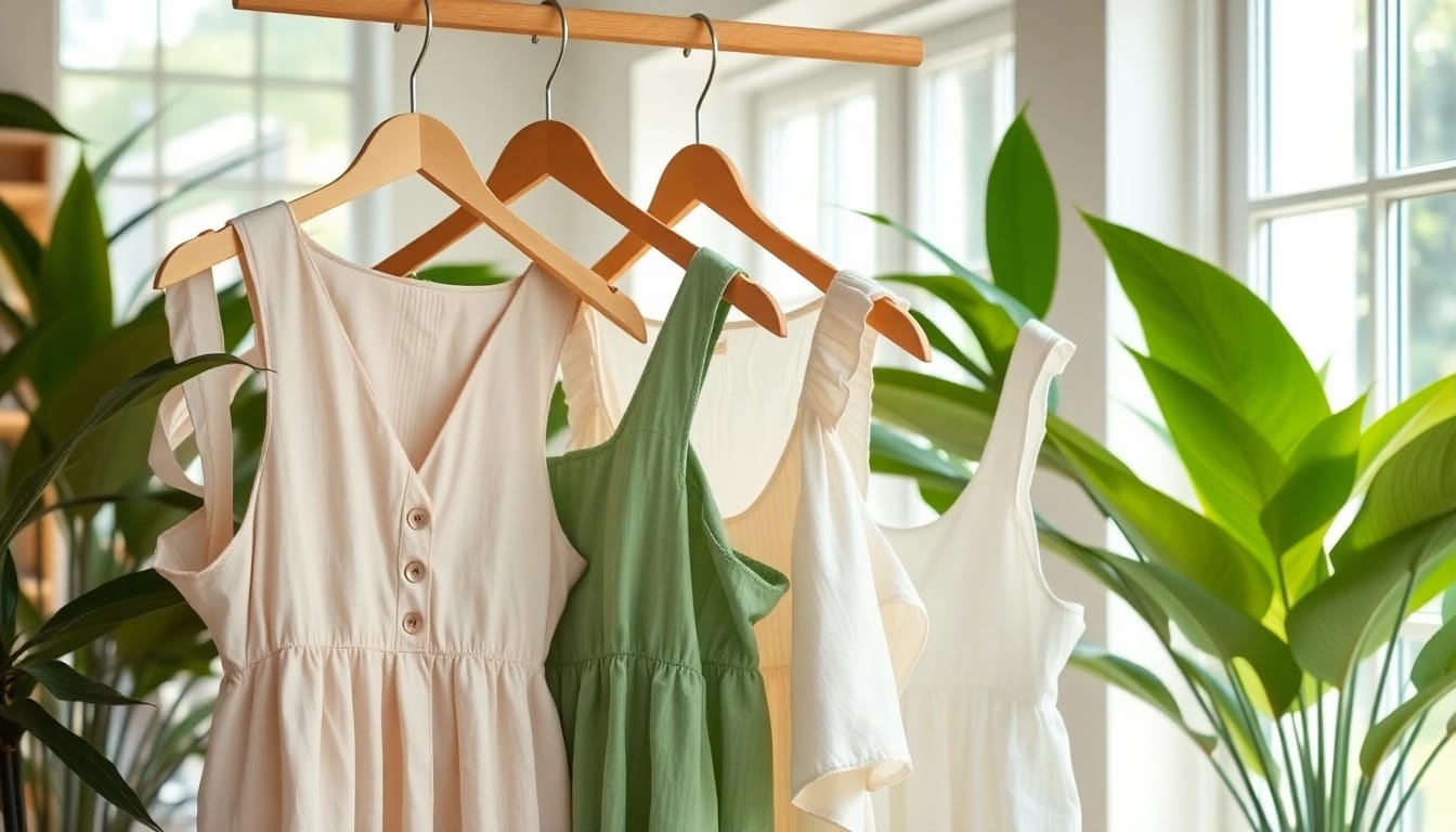 Linnen jurken hangen elegant in een lichte boetiek met groene planten.