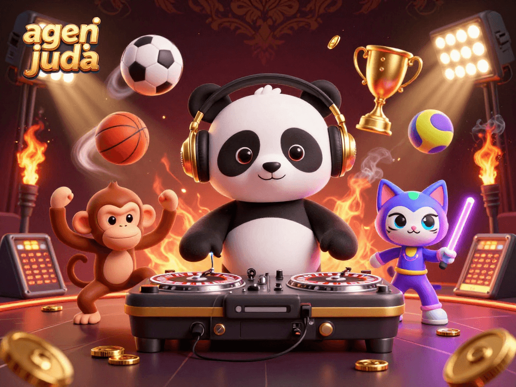 Celebrate action in agen judi bola with DJ panda spinning wins, surrounded by vibrant sports balls.