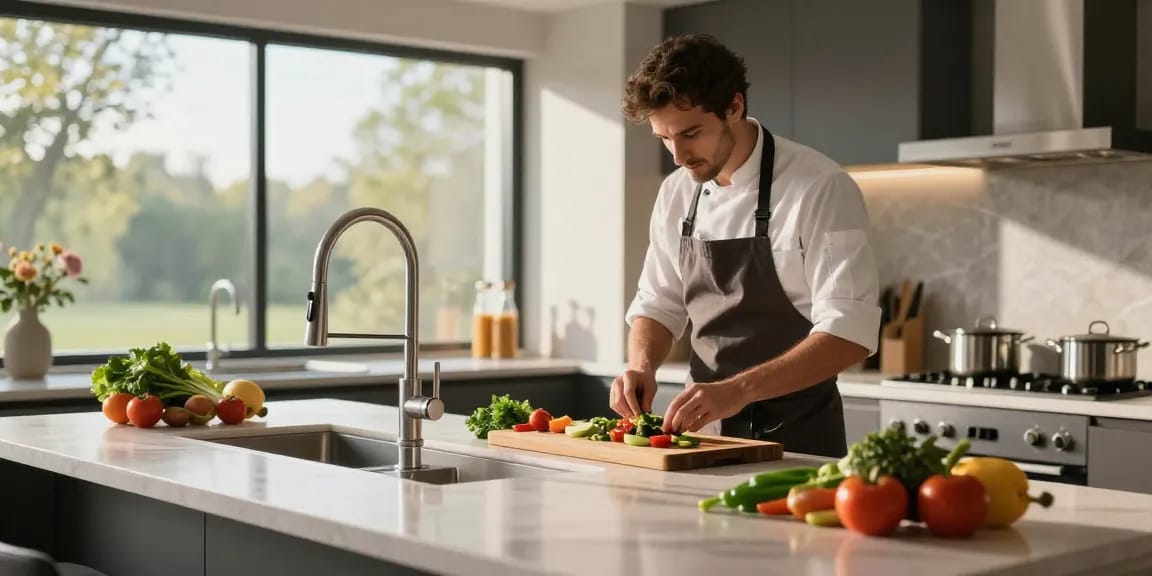 Elegant kitchen faucets amidst a chef's vibrant meal prep, showcasing stylish design and modern functionality.