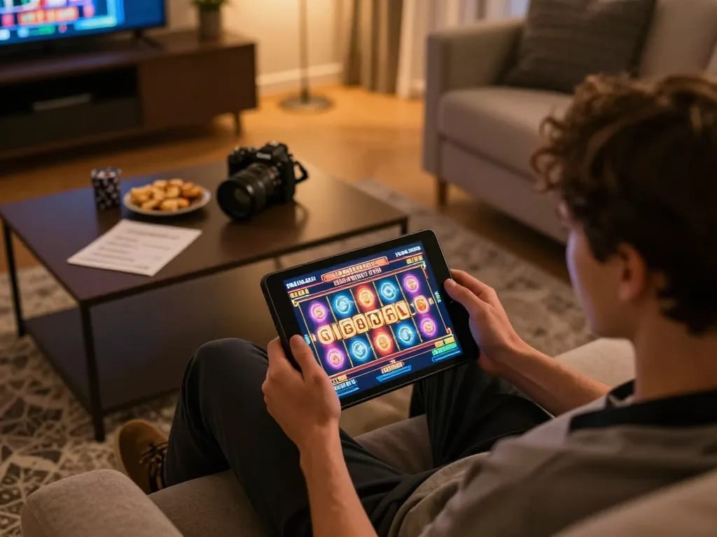 Engaged player enjoying casino non aams europei gaming on tablet in a cozy home setting.