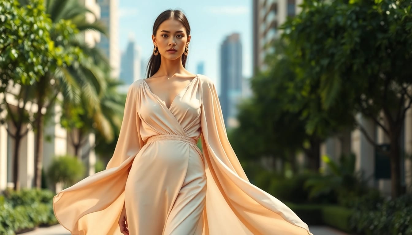 Rivelle fashion model embodies elegance in an urban setting, showcasing style and sophistication.