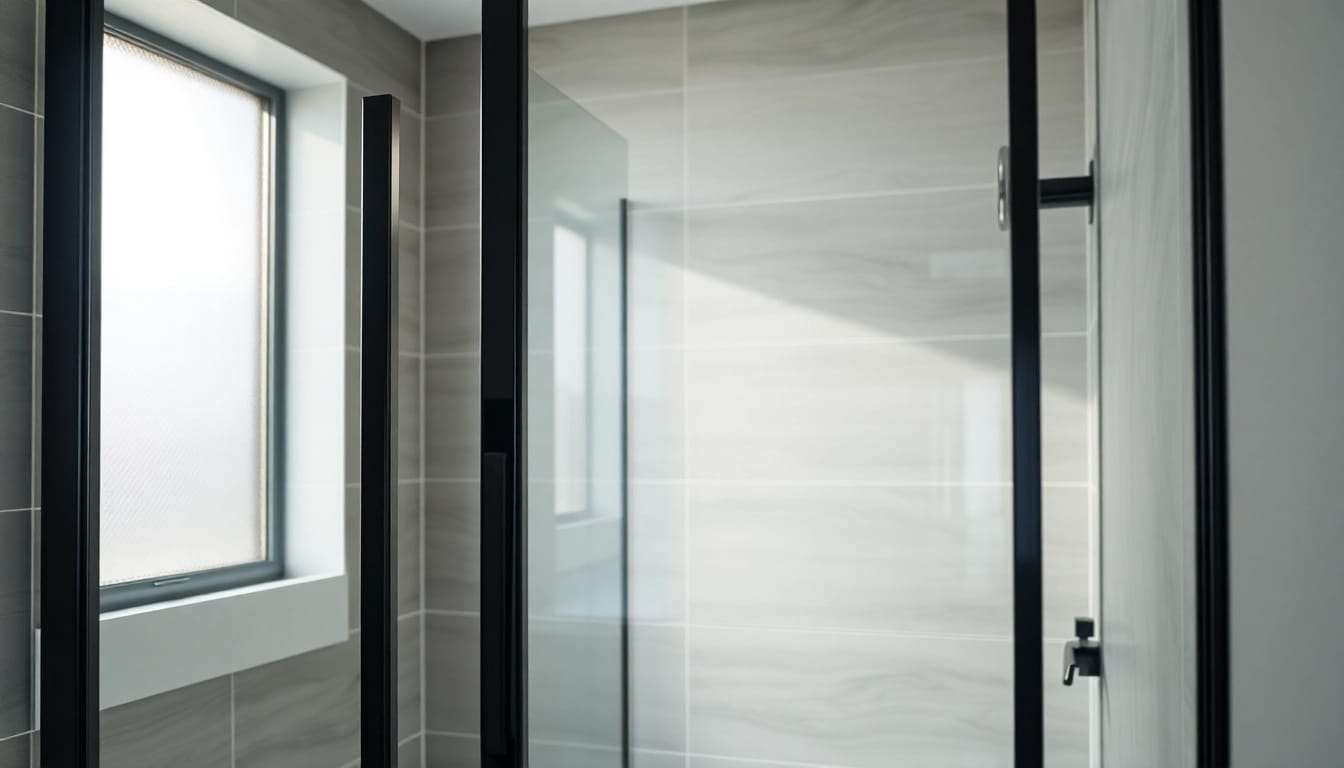 Showcase of a modern shower door black frame in an elegant bathroom setting.