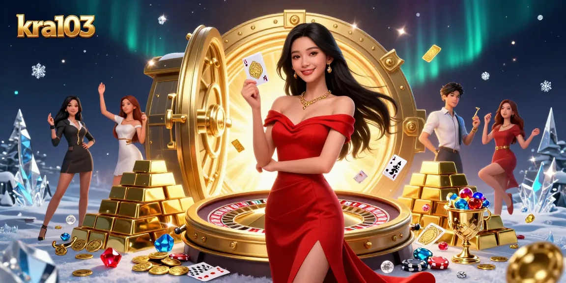 Experience thrilling gameplay at kra103 with a confident Asian woman showcasing a golden playing card beside a luxurious roulette wheel.