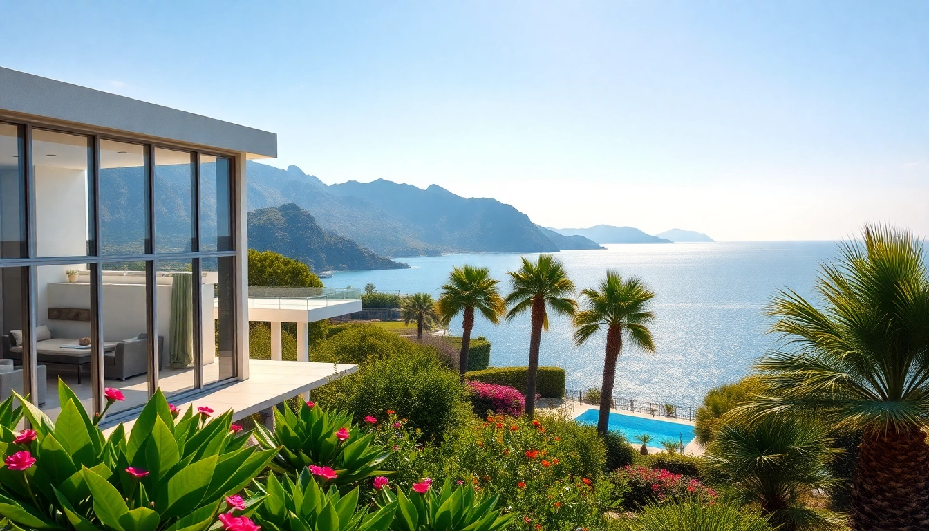 Stunning modern villa for alanya property sale with seaside view and lush gardens.