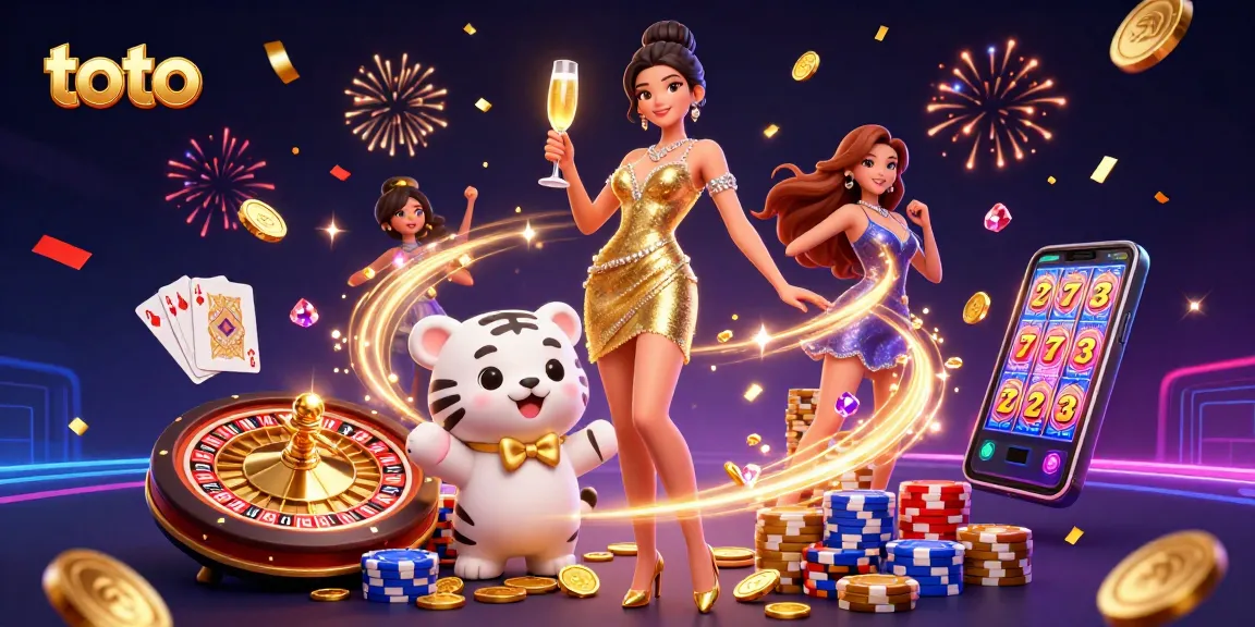 Toto-themed casino illustration featuring a glamorous woman and a lucky tiger cub amidst cascading coins.