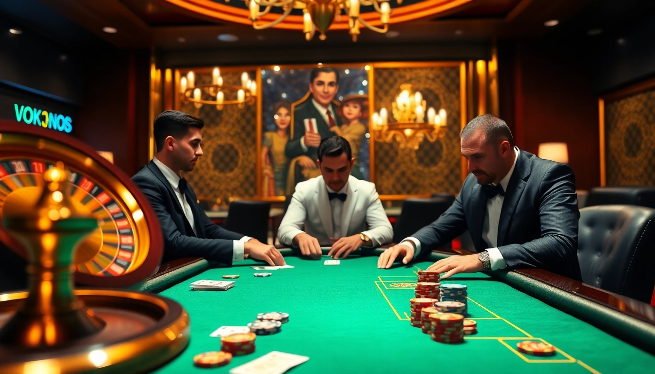 Des joueurs de poker captivés dans un casino en ligne France luxueux avec des cartes et des jetons vibrants.