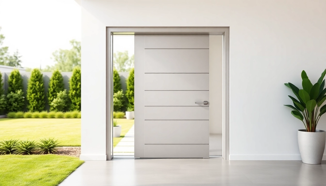 Stylish exit door in a modern home, seamlessly blending with a lush garden backdrop.