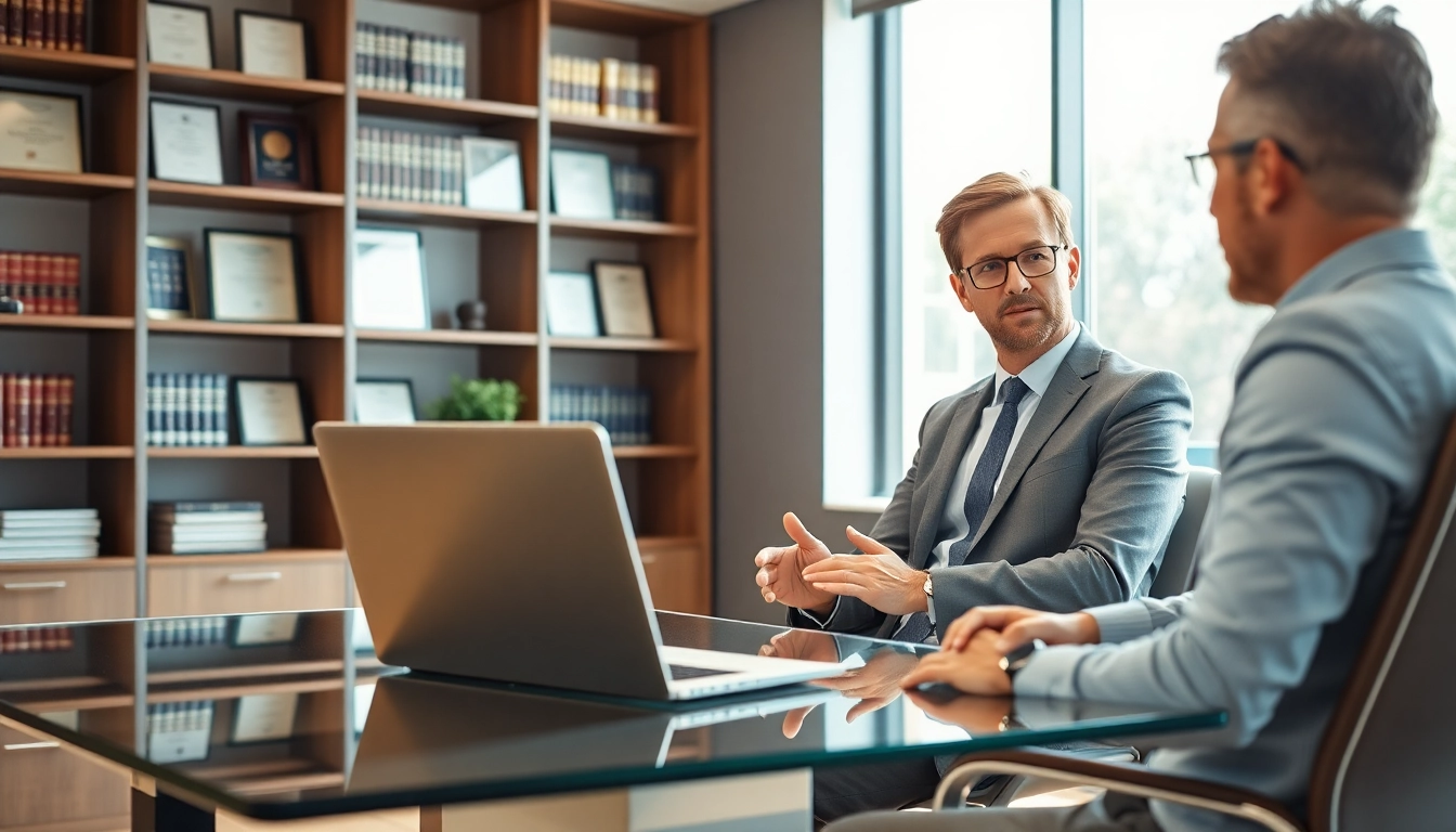 Real estate lawyer consulting with a client in a modern office filled with natural light.