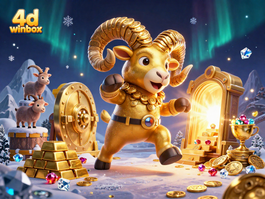 Experience the excitement of 4d winbox with a golden ram illustration amidst treasure and lottery elements.