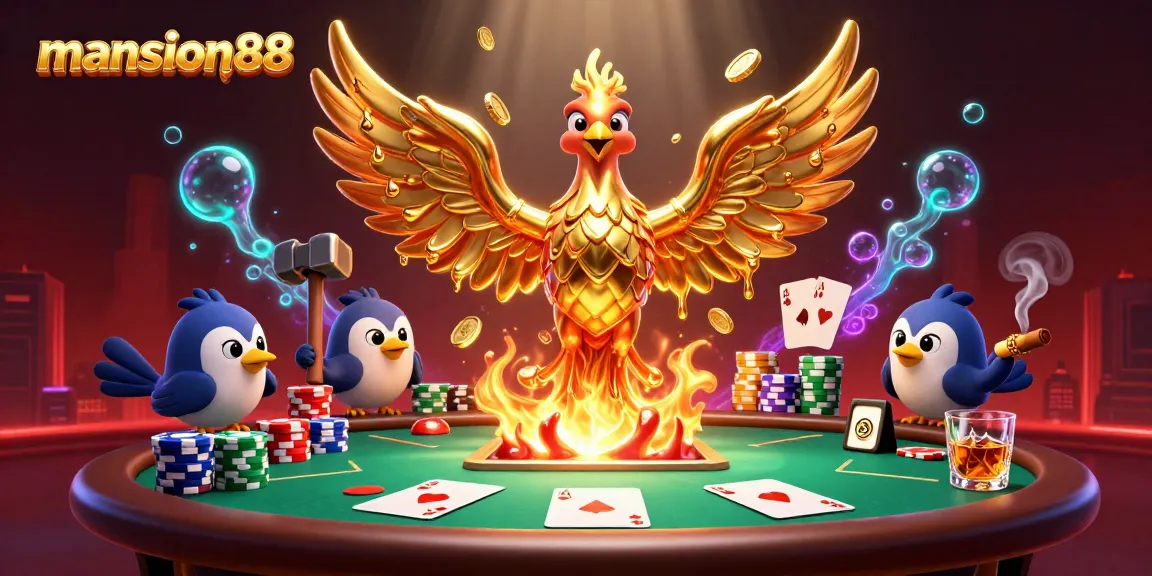 Experience thrilling gameplay at mansion88 with a molten gold phoenix soaring above poker games.