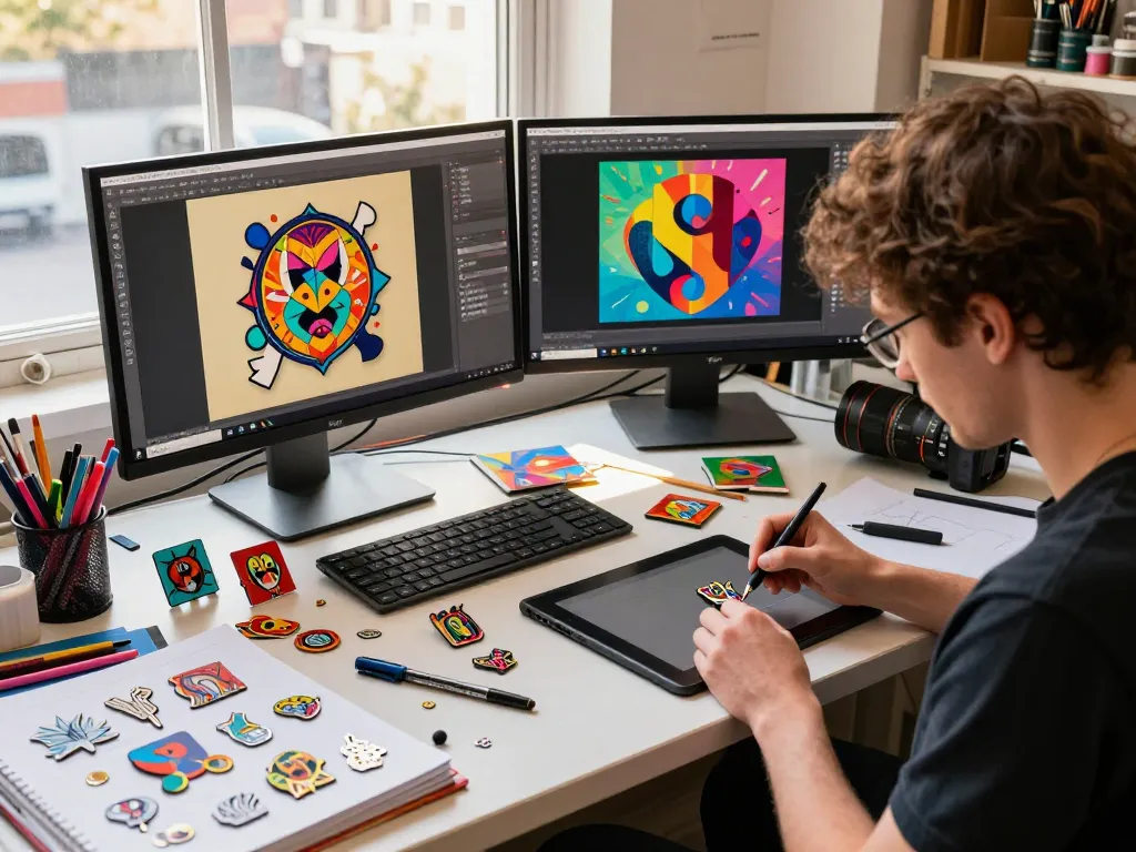 Creative designer crafting custom acrylic pins in vibrant studio space.