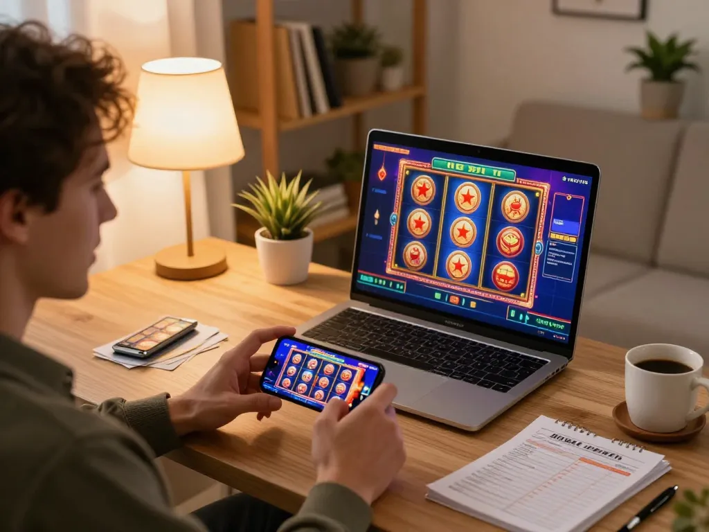 Player engaging with KK55 online casino app, showcasing joyful gameplay on smartphone in cozy home setting.
