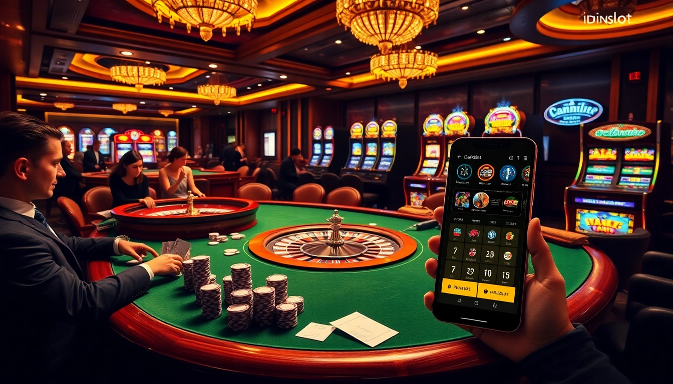 Experience thrilling gaming with idnslot at a luxurious casino table featuring vibrant slot machines.