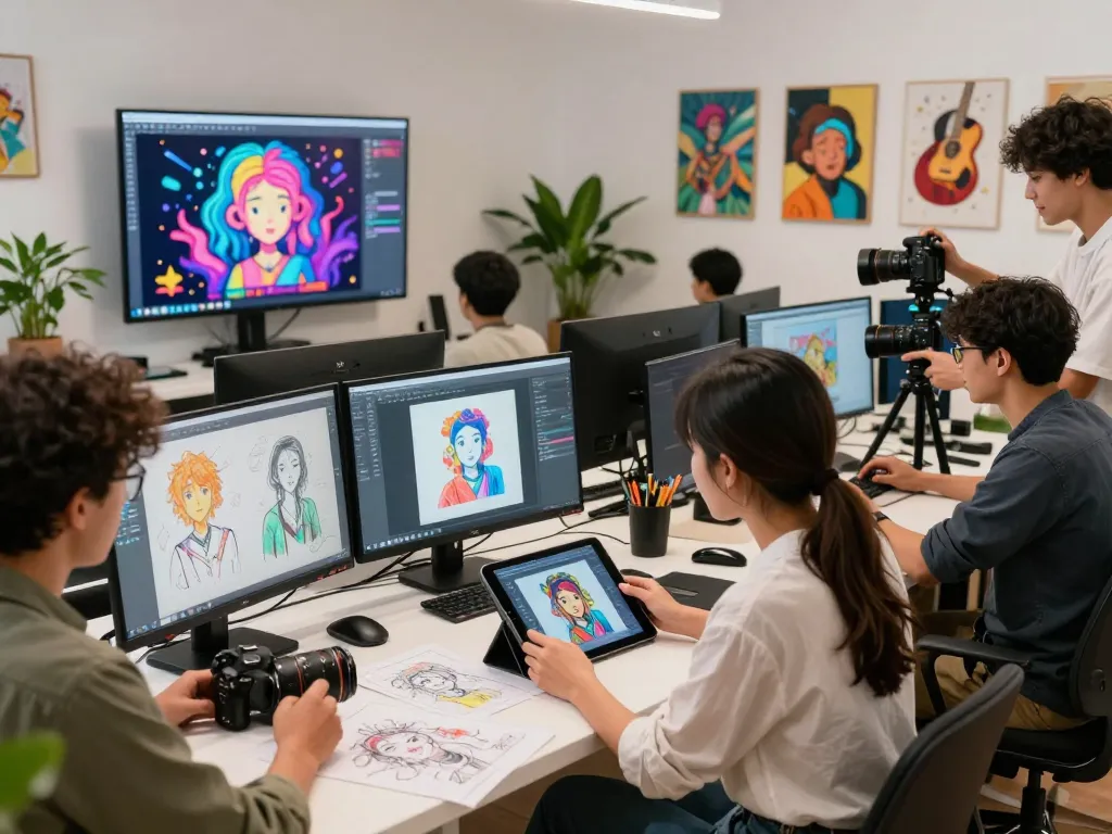 Creative studio scene where a diverse team collaborates on an image to prompt project using AI tools, vibrant art and technology elements.
