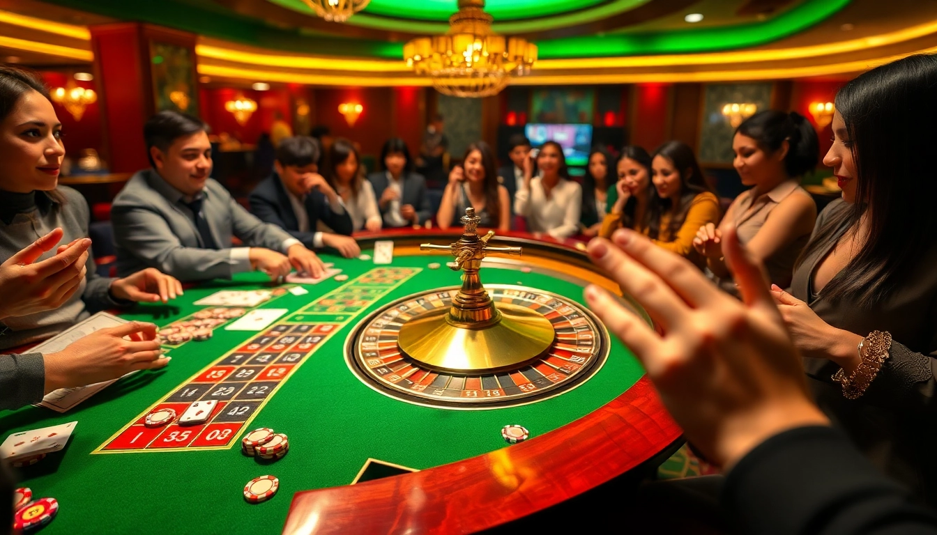 Players enjoying the excitement of betting at nhà cái 88clb's roulette table, showcasing vibrant casino atmosphere.
